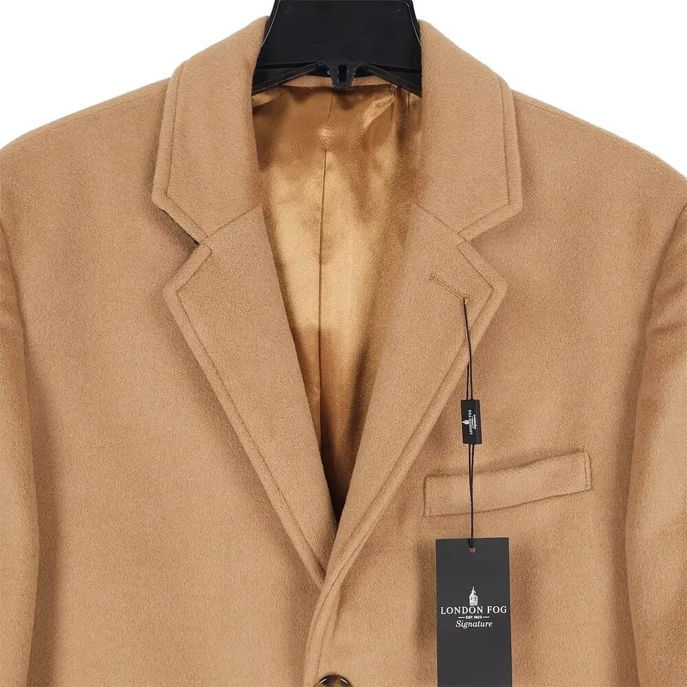London Fog Signature Mens Classic Fit Overcoat 38S Beige Camel Solid Wool Blend